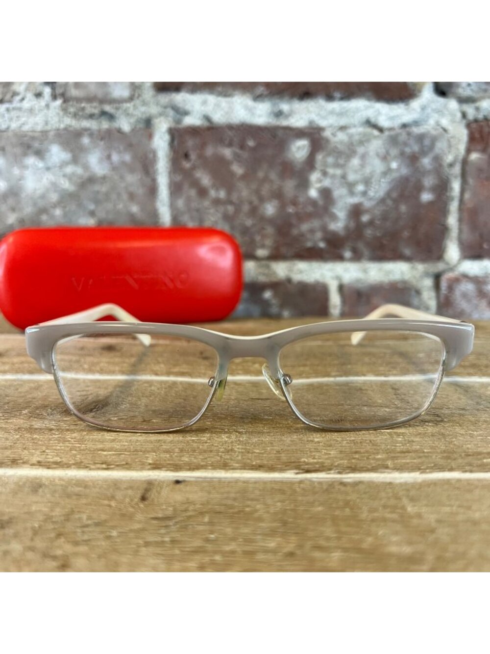 Valentino Semi-Rimless Eyeglasses With Case Beige & Clear Frames Made In Italy